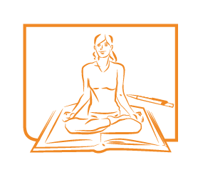 Frau im Yogasitz auf einem aufgeschlagenen Buch
