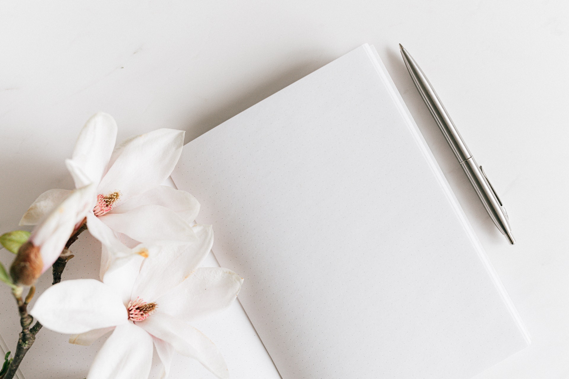 Leeres Notizbuch mit Stift, daneben weiße Blüten